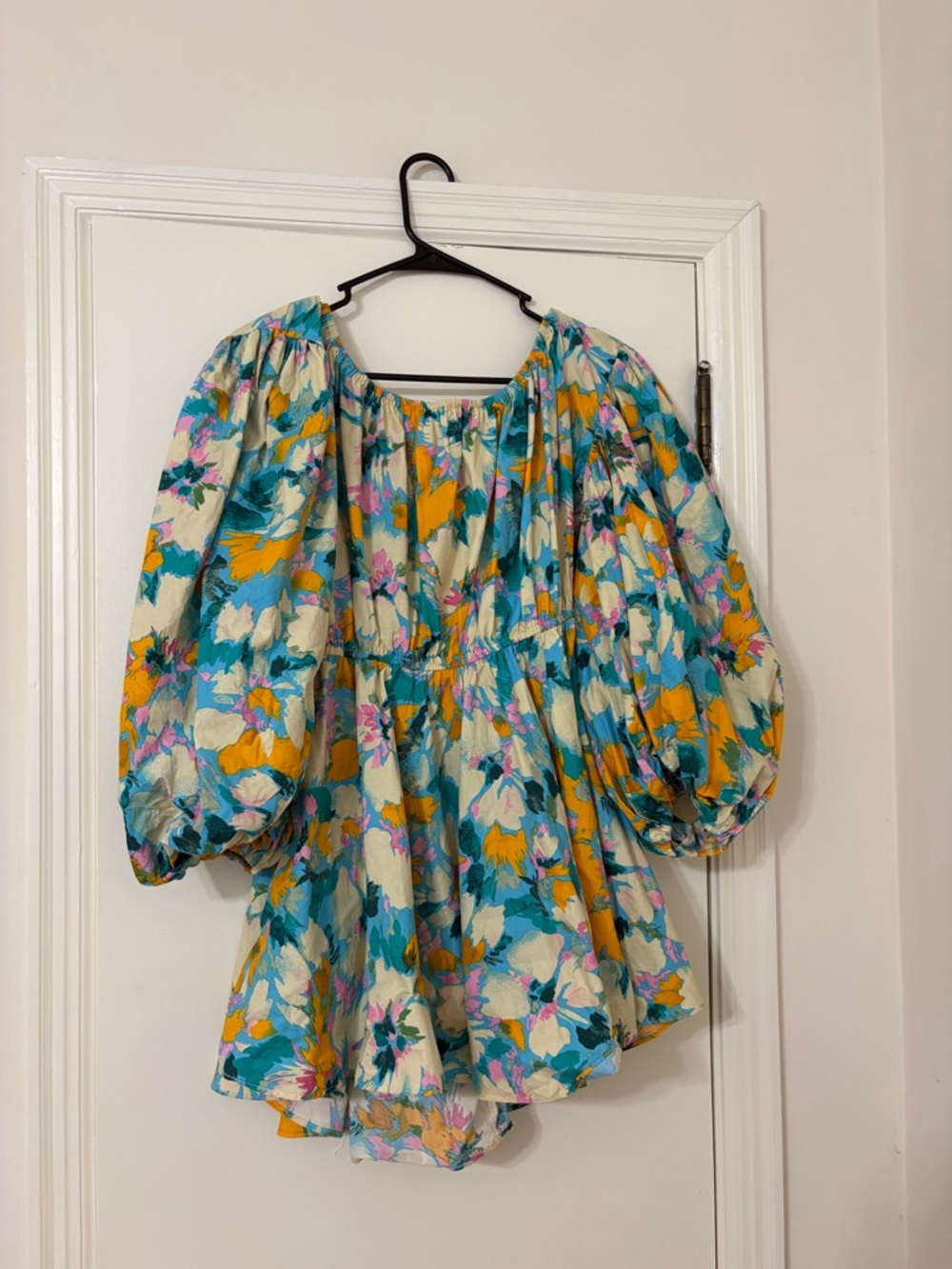 Floral Puff-Sleeve Blouse in Teal & Mustard